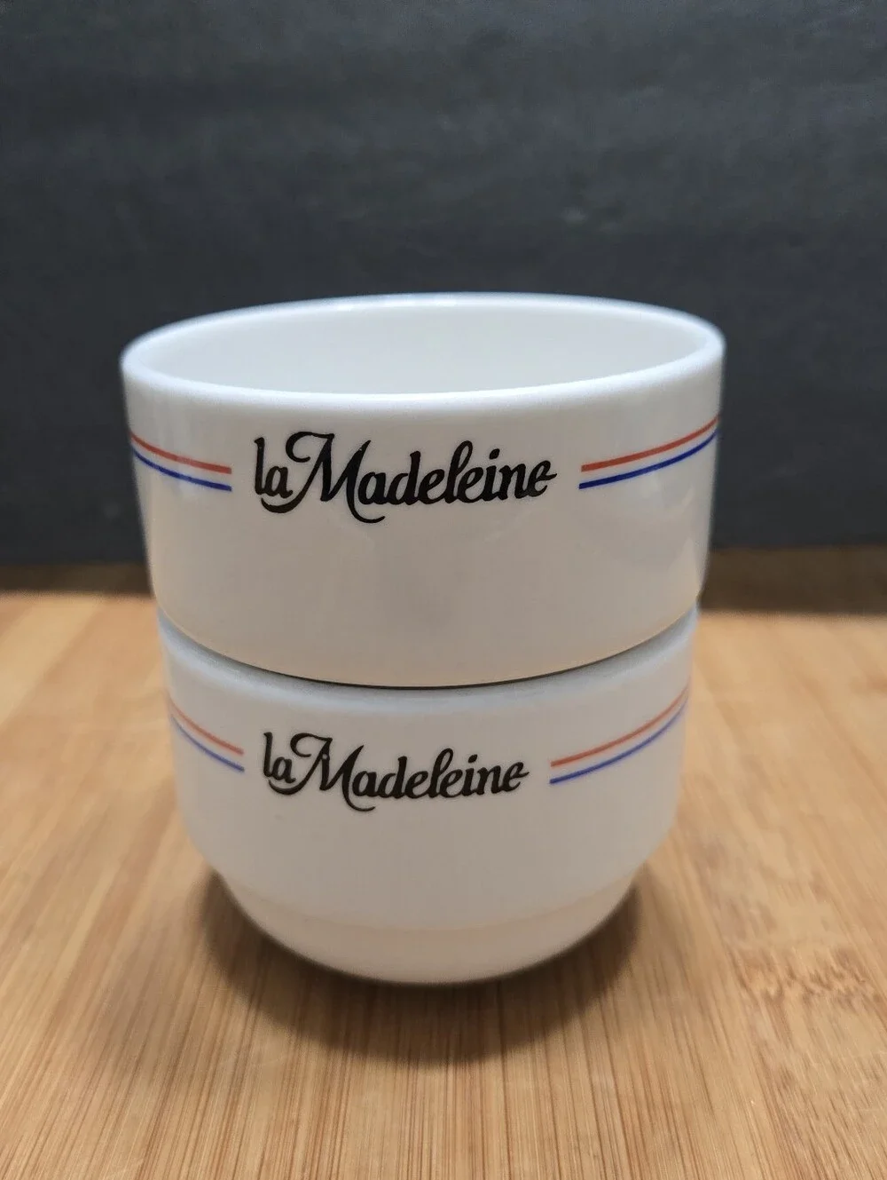 (2) La Madeleine French Cafe stacking custard cups or tea bowls Bon Appetit